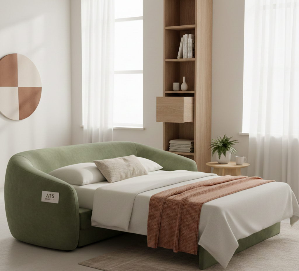 ​modern sage green sofa bed extended in minimalist living room