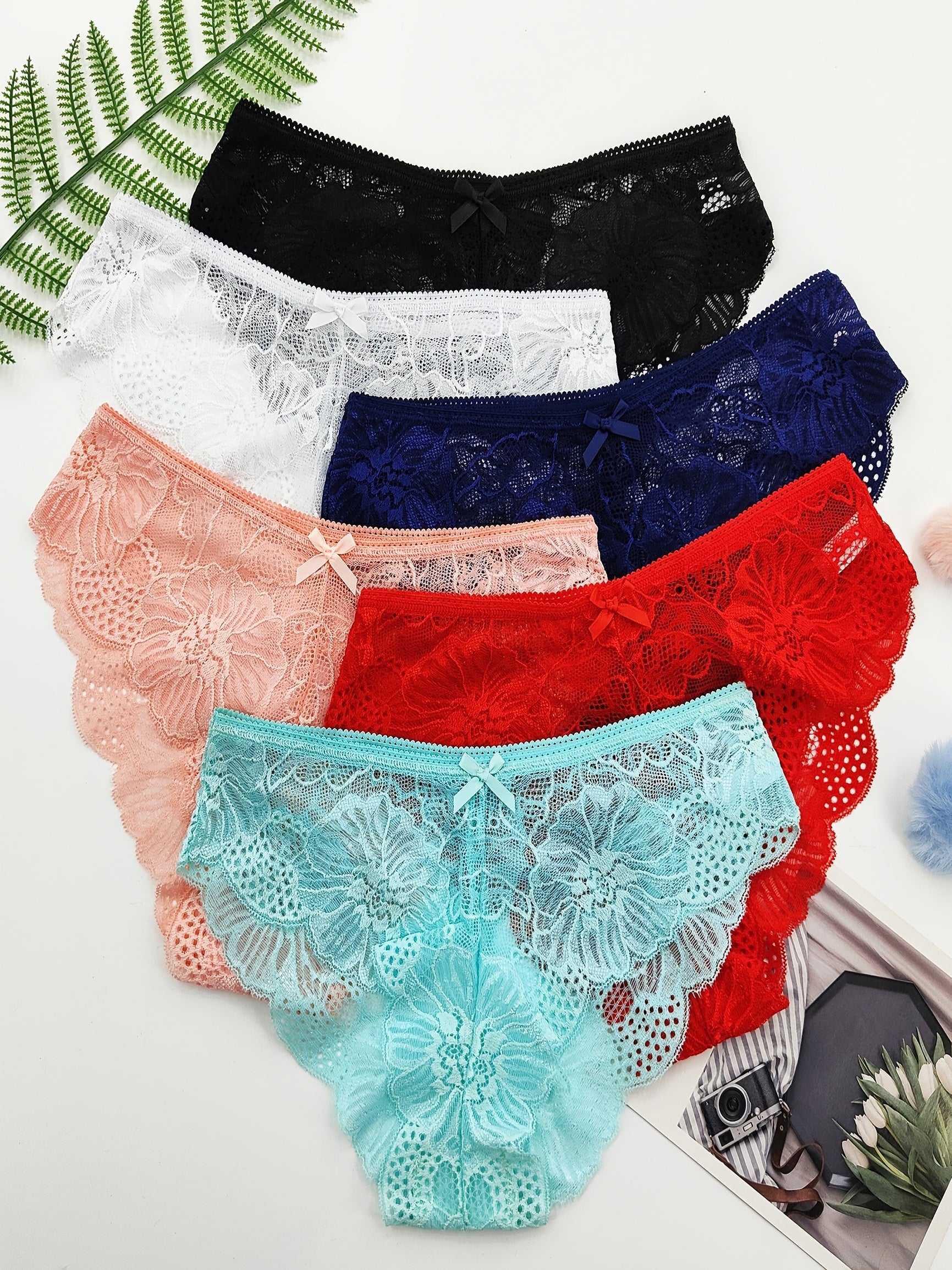 6pcs Jacquard Lace Bow Bikini Panties - ATSProducts