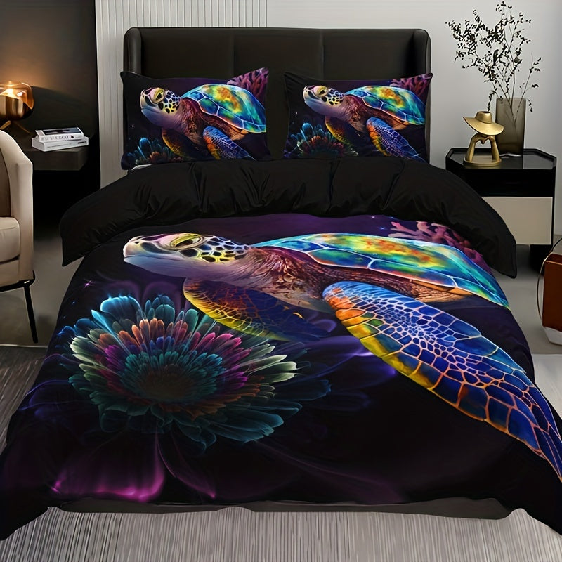 3pcs Vibrant Underwater Turtle & Floral Print Bedding Set - ATSProducts