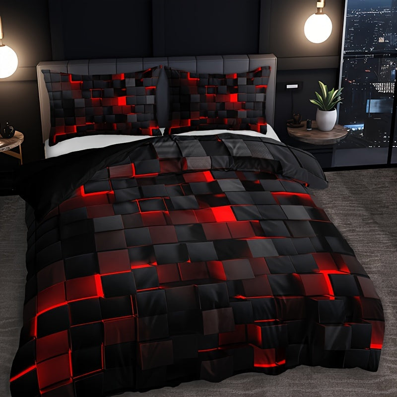 3pcs Stylish Tech-Themed Plaid Duvet Cover Set - ATSProducts