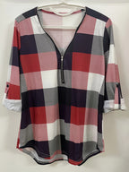 Plaid Print Half-Zipper Blouse - ATSProducts