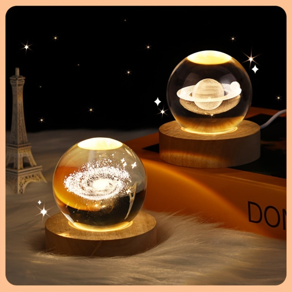 1pc 3D Crystal Ball Night Light - Planet Series USB Plug-in Wooden Base - ATSProducts