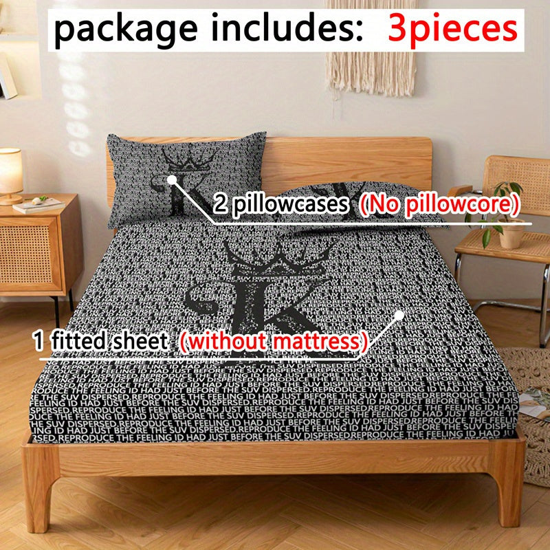 3-Piece Soft & Comfortable English Black K Pattern Fitted Sheet Set - ATSProducts