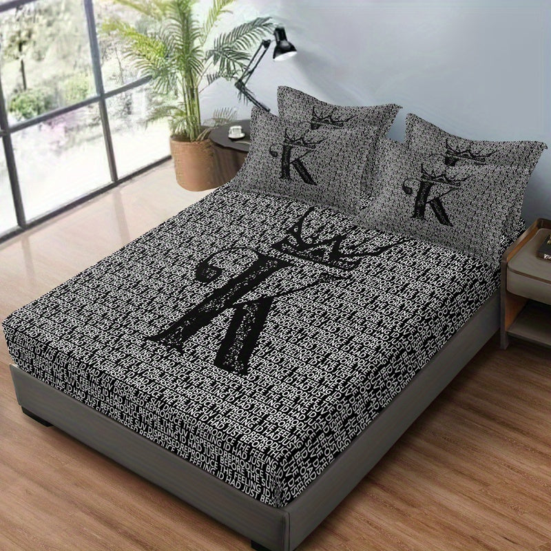 3-Piece Soft & Comfortable English Black K Pattern Fitted Sheet Set - ATSProducts