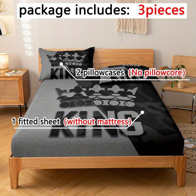 3pcs Gray and Black King Pattern Fitted Sheet Set - ATSProducts