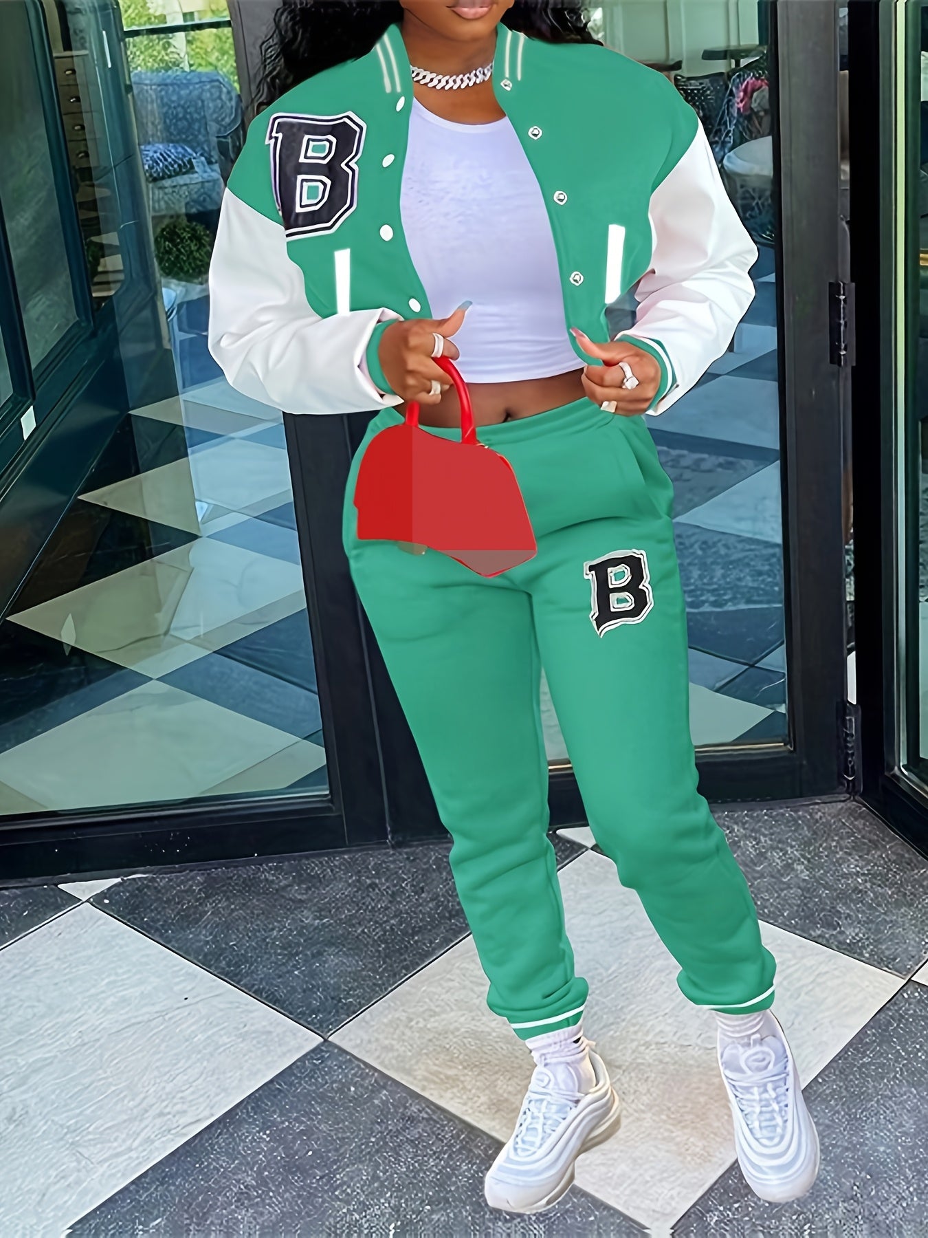 Letter Print Baseball Jacket and Pants Set - ATSProducts