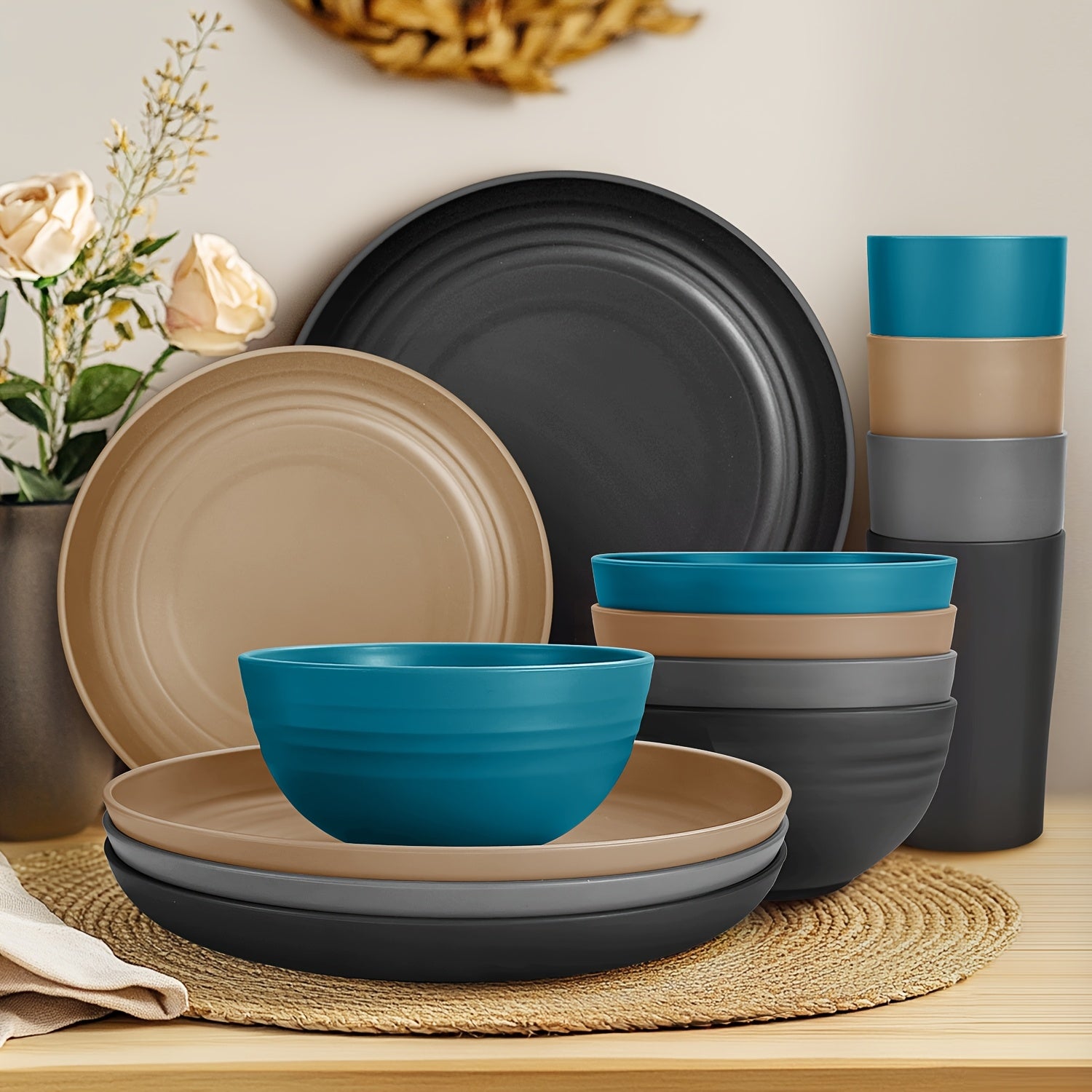 Teivio 32pcs Kitchen Plastic Wheat Straw Dinnerware Set - ATSProducts