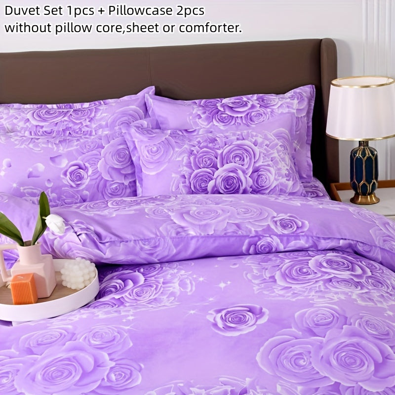 3-Piece Enchanting Purple Rose Printed Duvet Cover Set - ATSProducts
