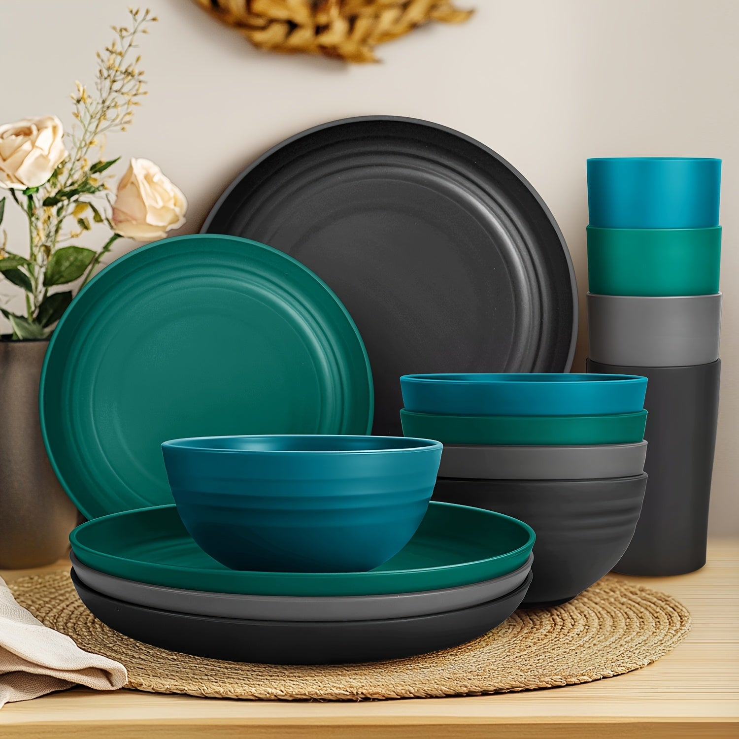 Teivio 32pcs Kitchen Plastic Wheat Straw Dinnerware Set - ATSProducts