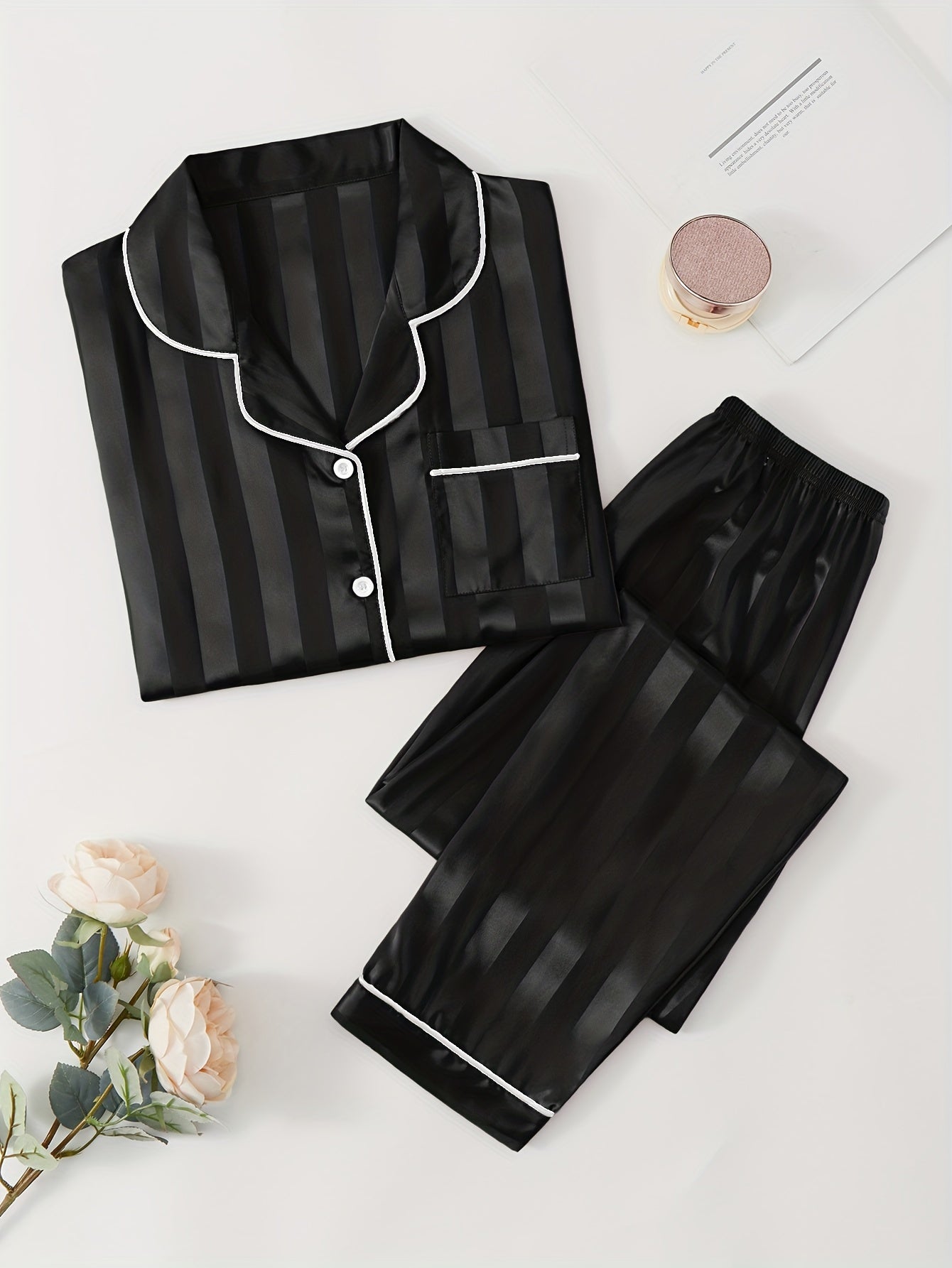 Striped Satin Pajamas With Buttons - ATSProducts