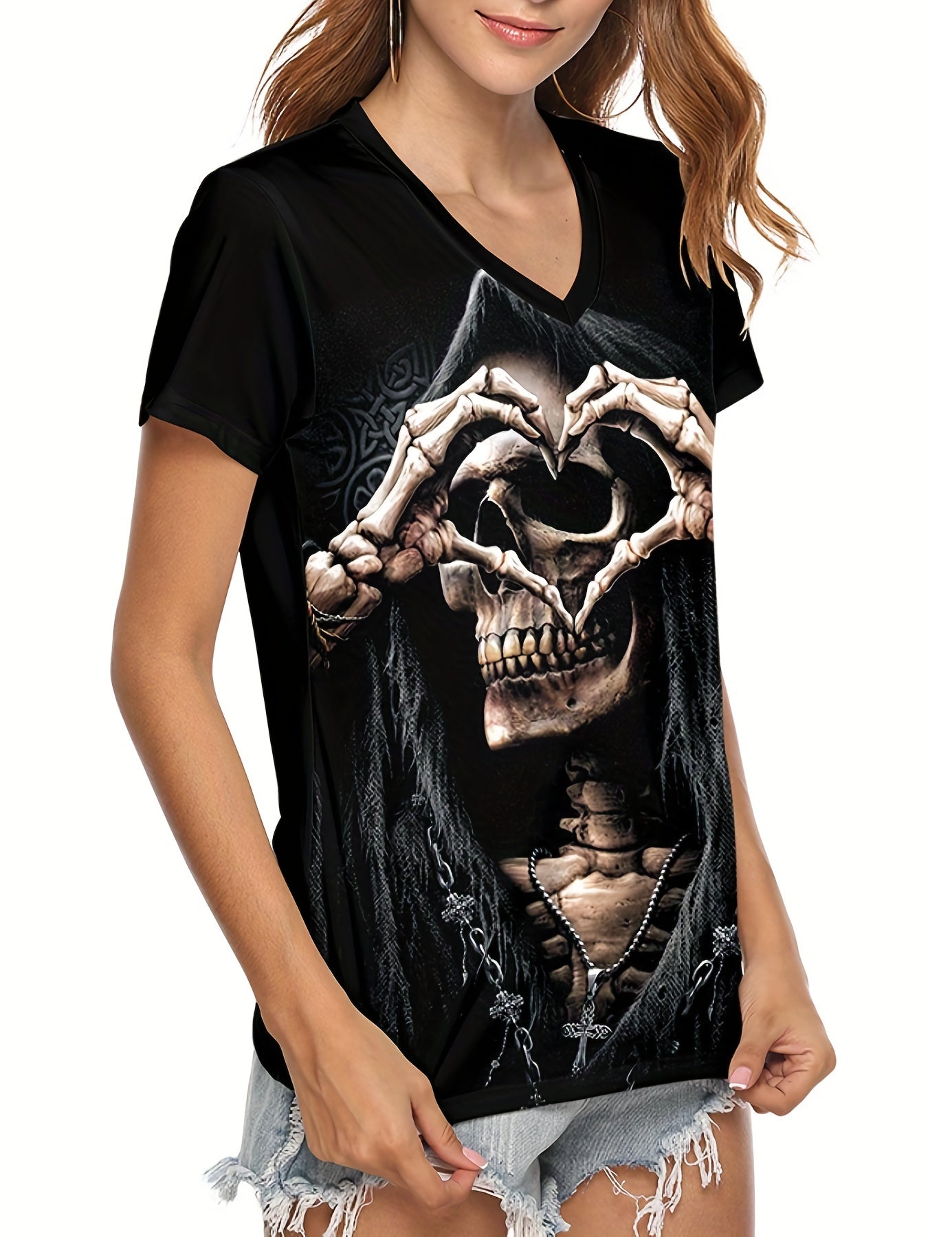 Skull & Heart Print V-Neck T-Shirt - ATSProducts