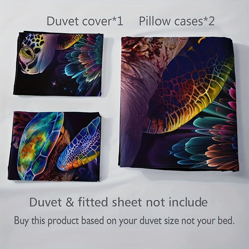 3pcs Vibrant Underwater Turtle & Floral Print Bedding Set - ATSProducts