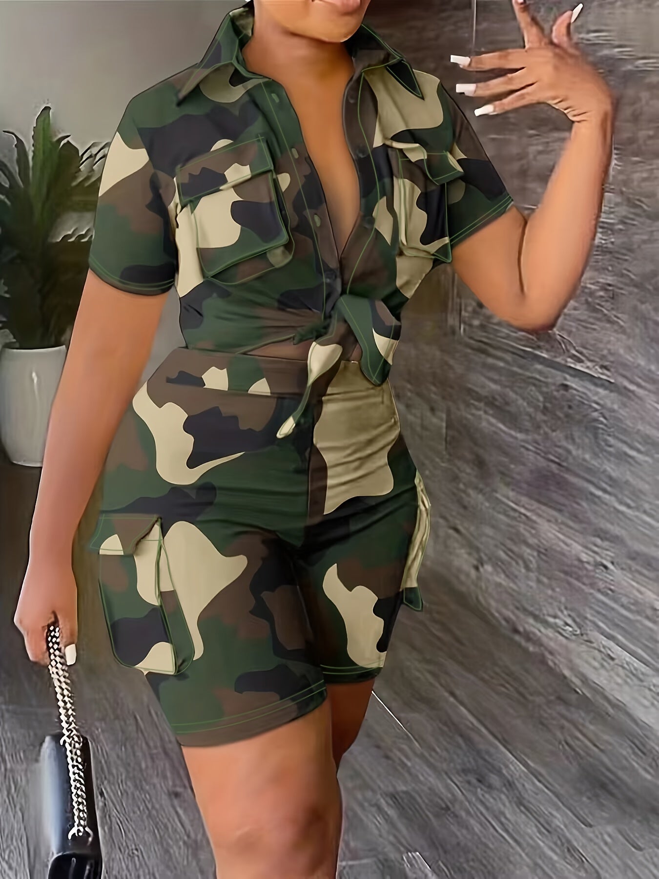 Camo Print Lapel Collar Button Up Crop Top & Shorts - ATSProducts