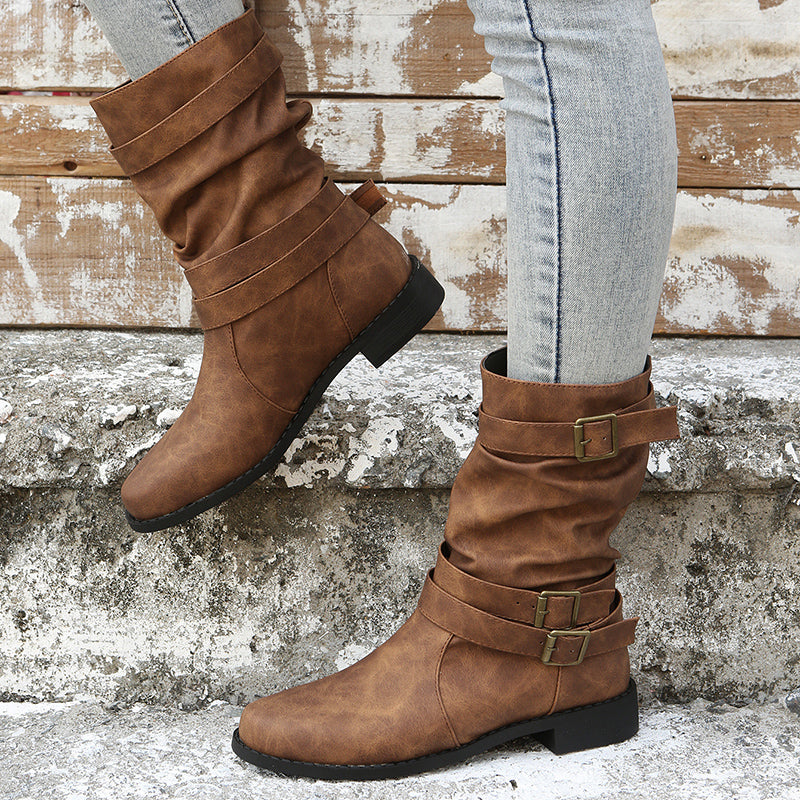 Ruched Buckle Decor Mid Calf Boots - ATSProducts