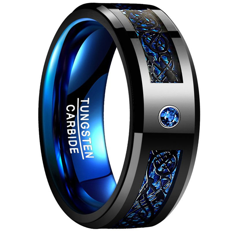 8mm Inlaid Black Dragon Blue Carbon Fiber Tungsten Ring - ATSProducts