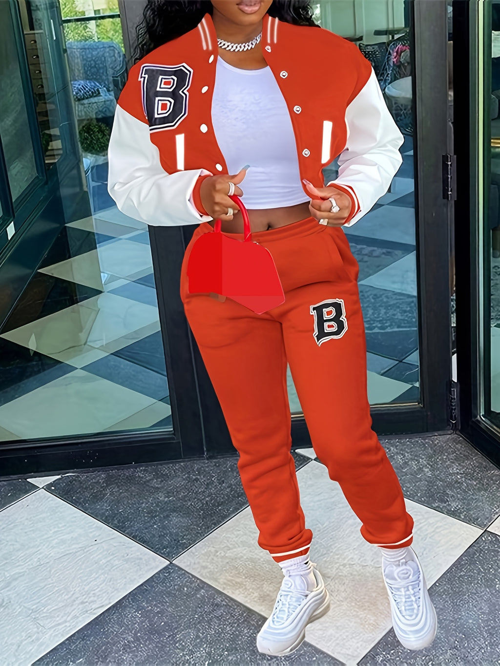 Letter Print Baseball Jacket and Pants Set - ATSProducts