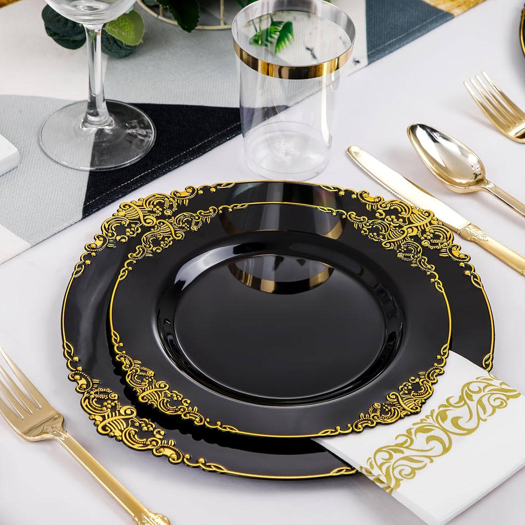 Nervure 350Pc Black & Gold Dinnerware Set - ATSProducts