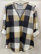 Plaid Print Half-Zipper Blouse - ATSProducts