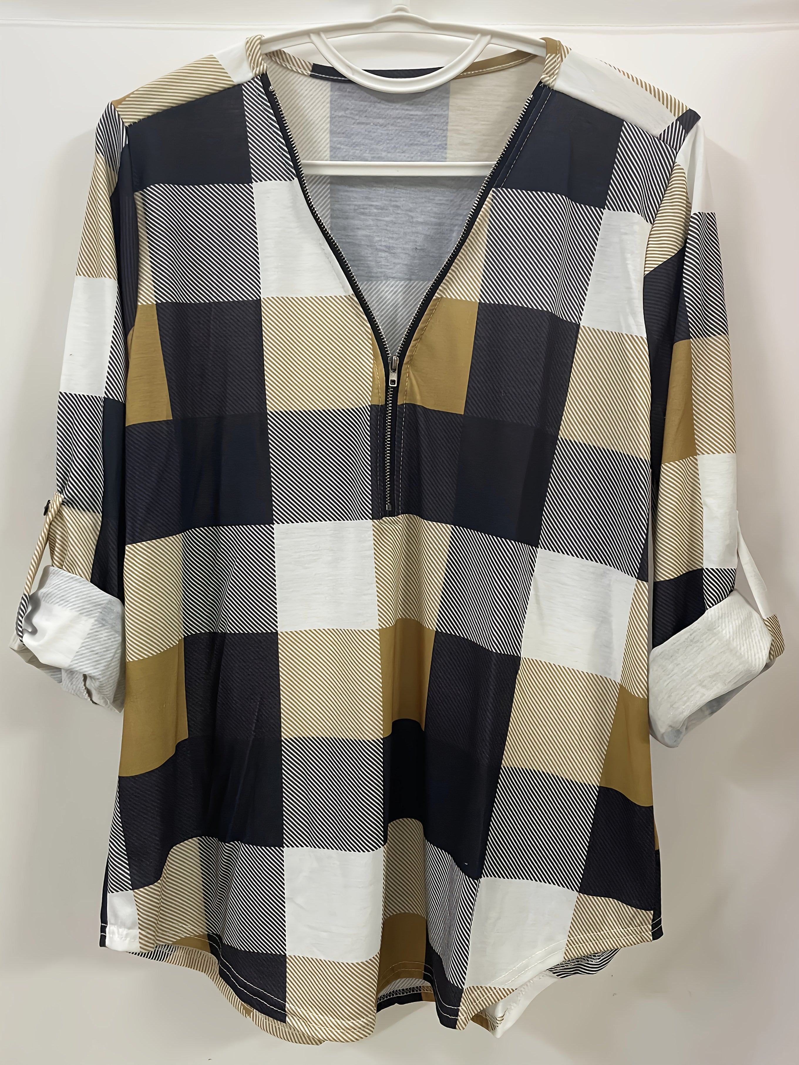 Plaid Print Half-Zipper Blouse - ATSProducts