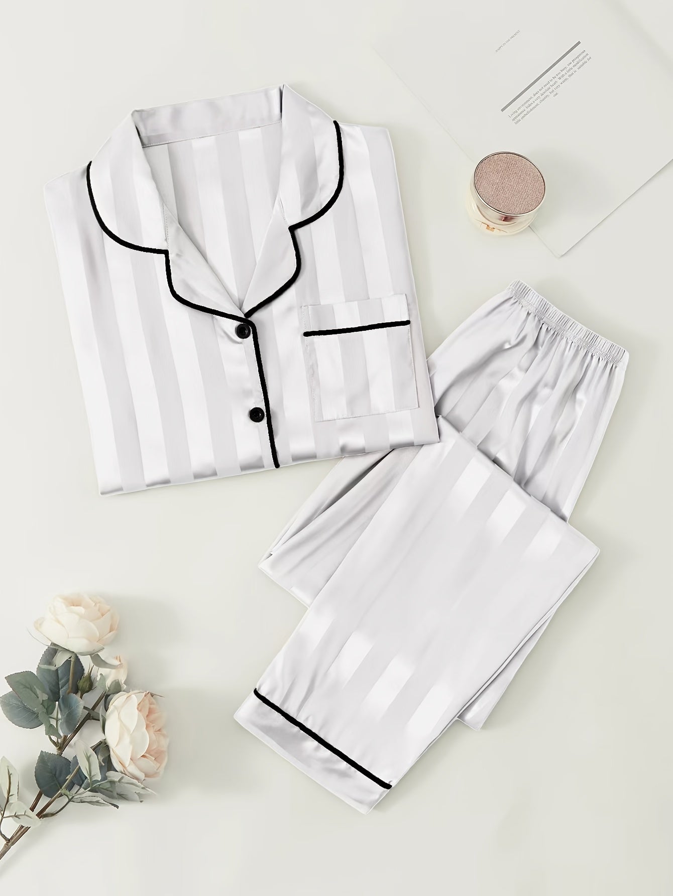 Striped Satin Pajamas With Buttons - ATSProducts