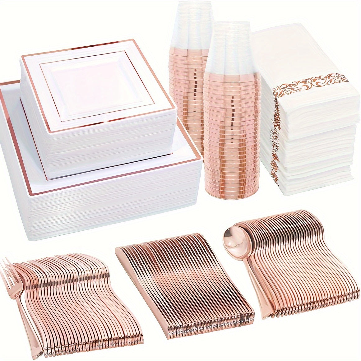 50 Guest Rose Gold Plastic Plates & Plastic Silverware - ATSProducts