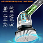 Electric Spin Scrubber, Cordless Cleaning Supplies Full-Body IPX7 Waterproof Power Shower Cleaner Brush with 9 Replaceable Brush Heads, Adjustable Extension Handle for Bathroom Accessories