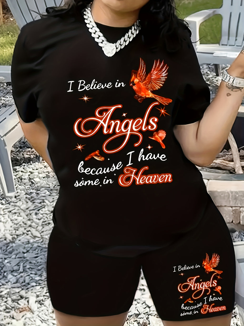 2Pc Set Women's Plus Size Angel In Heaven Print Shirt & Shorts - ATSProducts