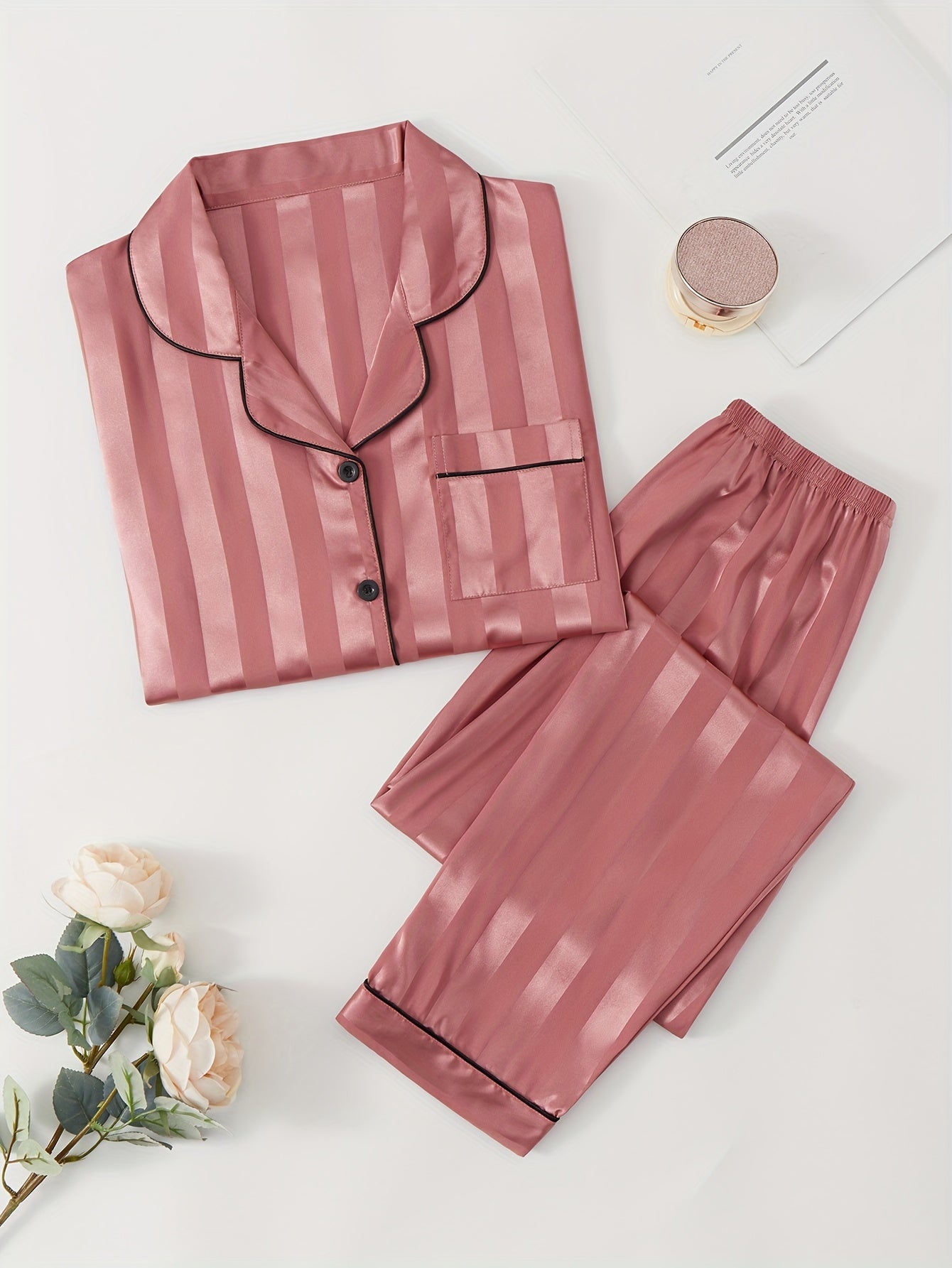 Striped Satin Pajamas With Buttons - ATSProducts