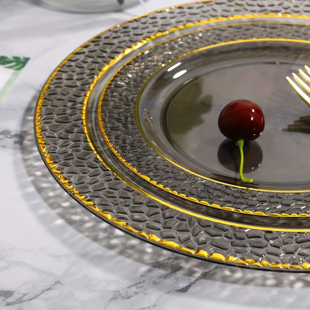 Nervure 150Pc Clear Black Plastic Plates With Gold Silverware - ATSProducts