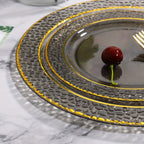 Nervure 150Pc Clear Black Plastic Plates With Gold Silverware - ATSProducts