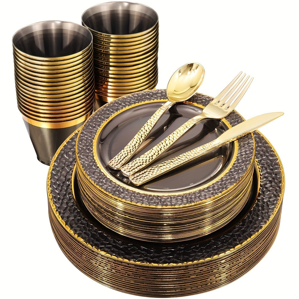Nervure 150Pc Clear Black Plastic Plates With Gold Silverware - ATSProducts