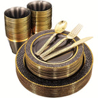 Nervure 150Pc Clear Black Plastic Plates With Gold Silverware - ATSProducts