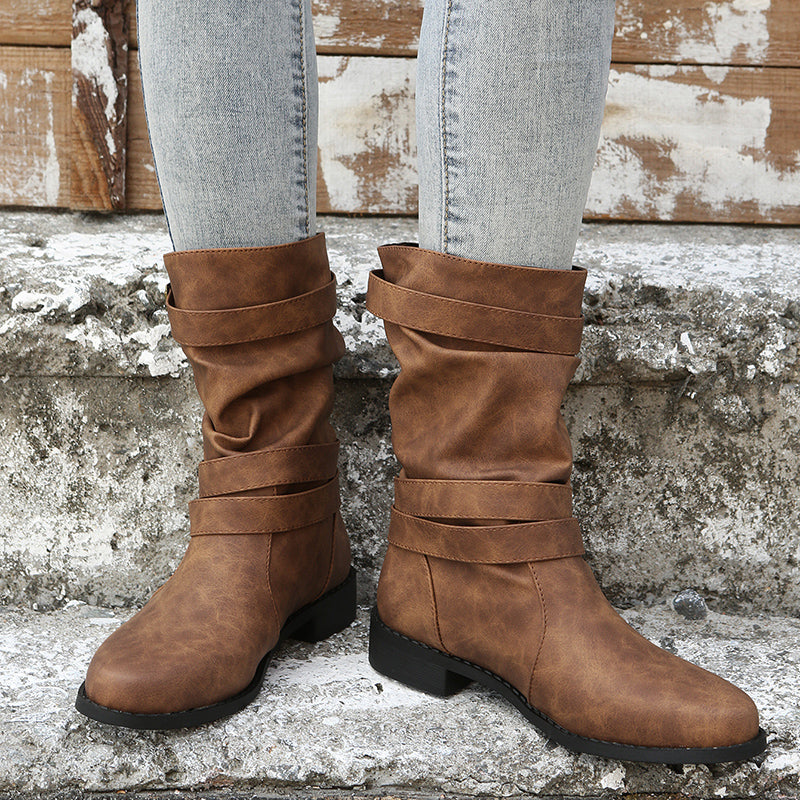 Ruched Buckle Decor Mid Calf Boots - ATSProducts