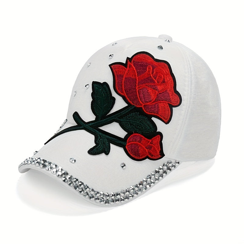 Vibrant Red Rose Embellished Baseball Cap - ATSProducts