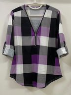 Plaid Print Half-Zipper Blouse - ATSProducts