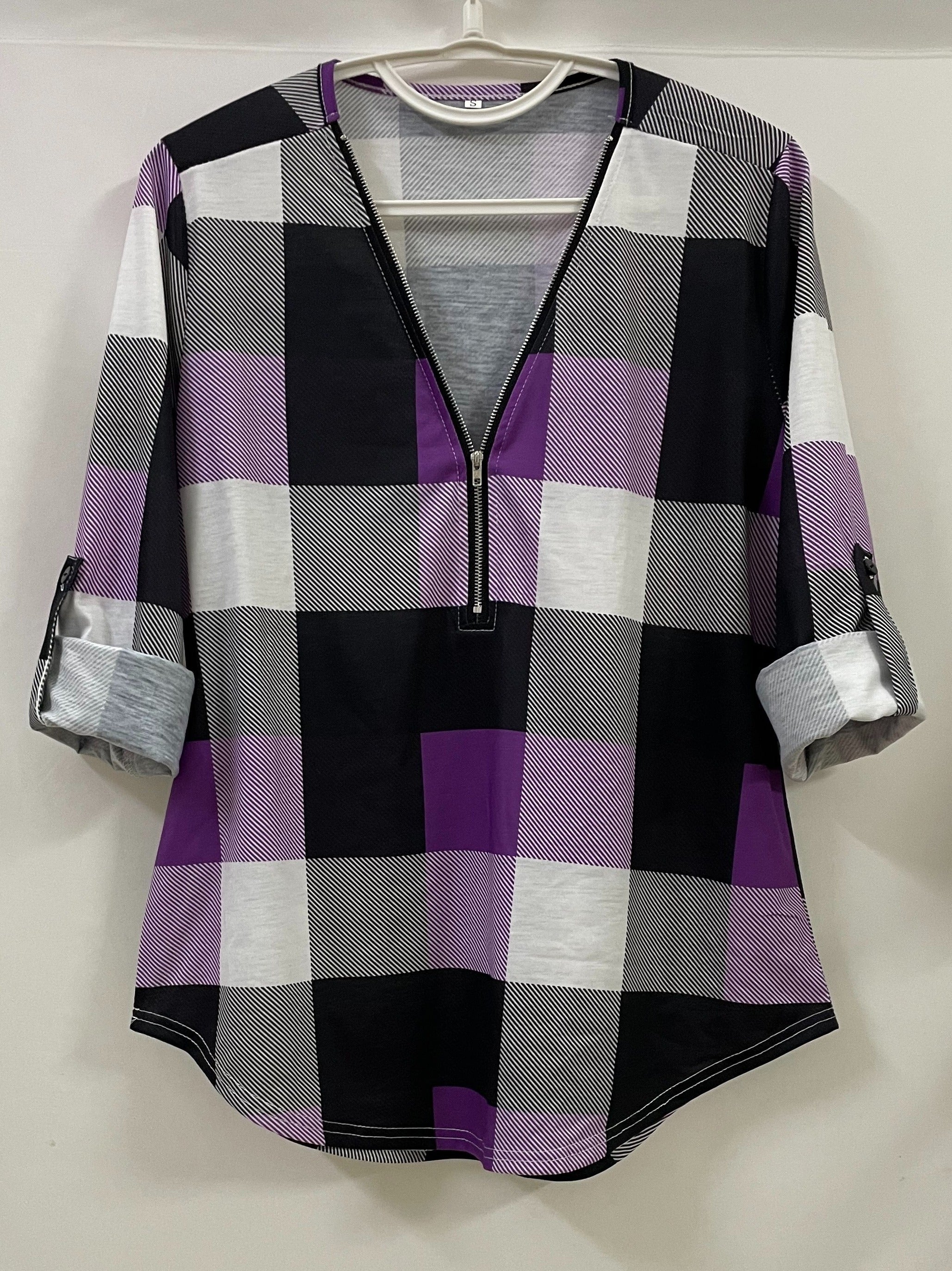 Plaid Print Half-Zipper Blouse - ATSProducts