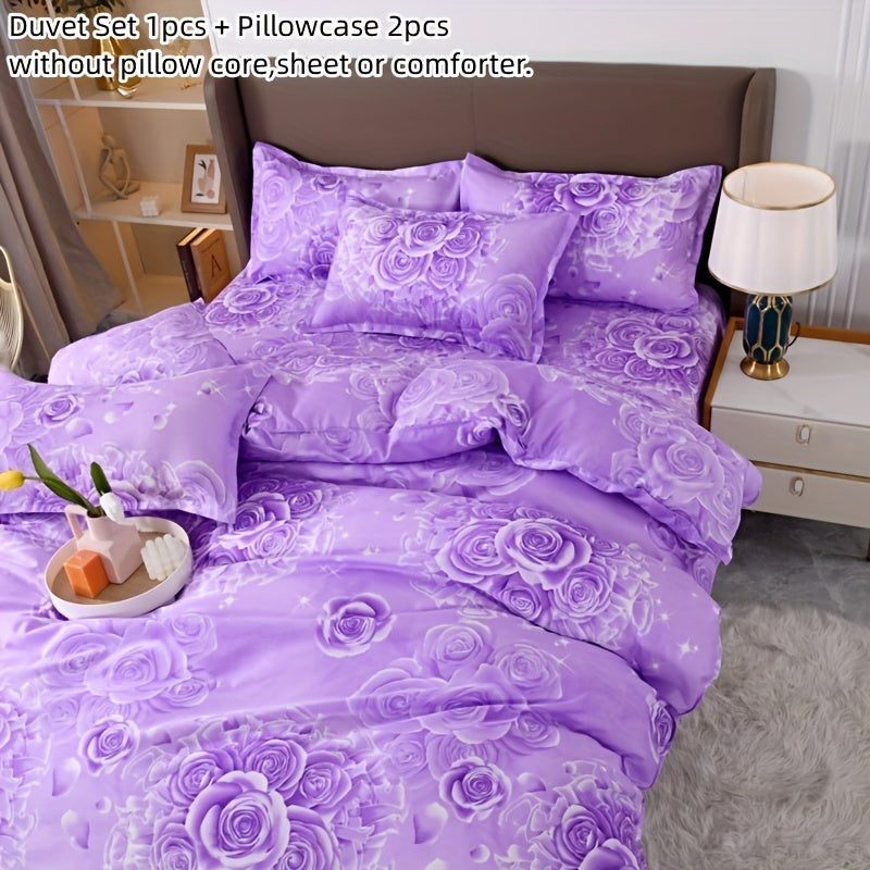 3-Piece Enchanting Purple Rose Printed Duvet Cover Set - ATSProducts