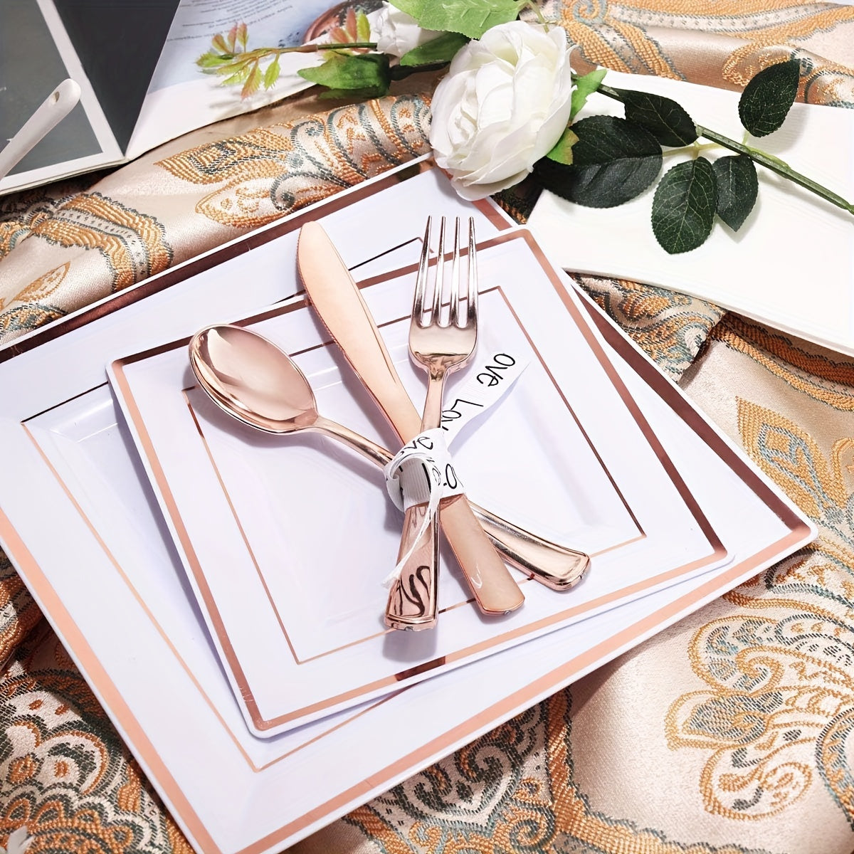 50 Guest Rose Gold Plastic Plates & Plastic Silverware - ATSProducts