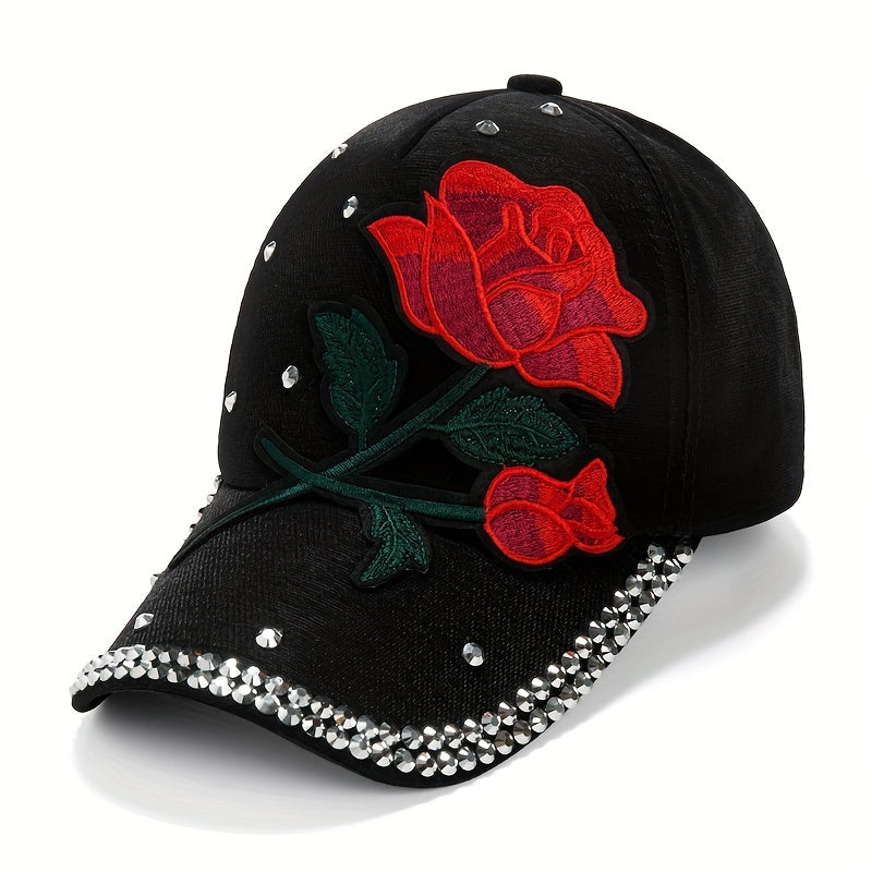Vibrant Red Rose Embellished Baseball Cap - ATSProducts