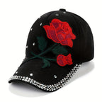 Vibrant Red Rose Embellished Baseball Cap - ATSProducts