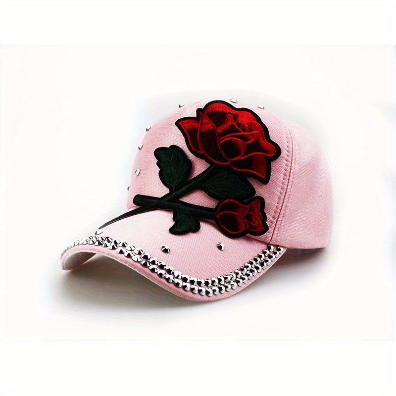 Vibrant Red Rose Embellished Baseball Cap - ATSProducts