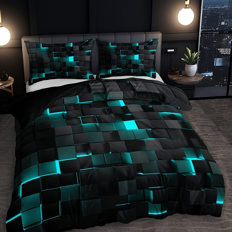 3pcs Stylish Tech-Themed Plaid Duvet Cover Set - ATSProducts