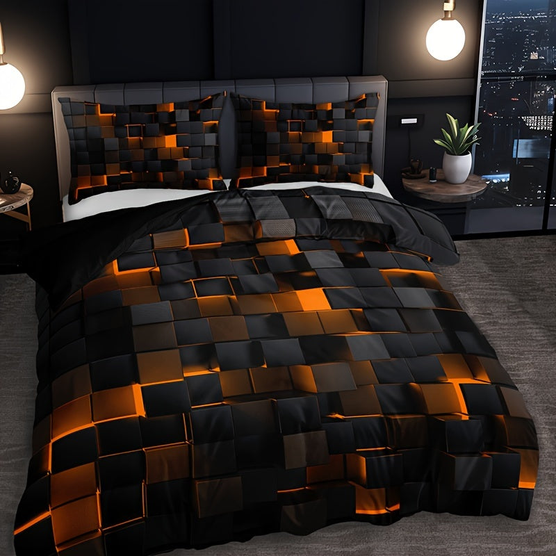 3pcs Stylish Tech-Themed Plaid Duvet Cover Set - ATSProducts