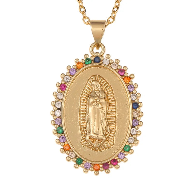 18K Gold Plated Cubic Zirconia Virgin Mary Coin Pendant Necklace - ATSProducts