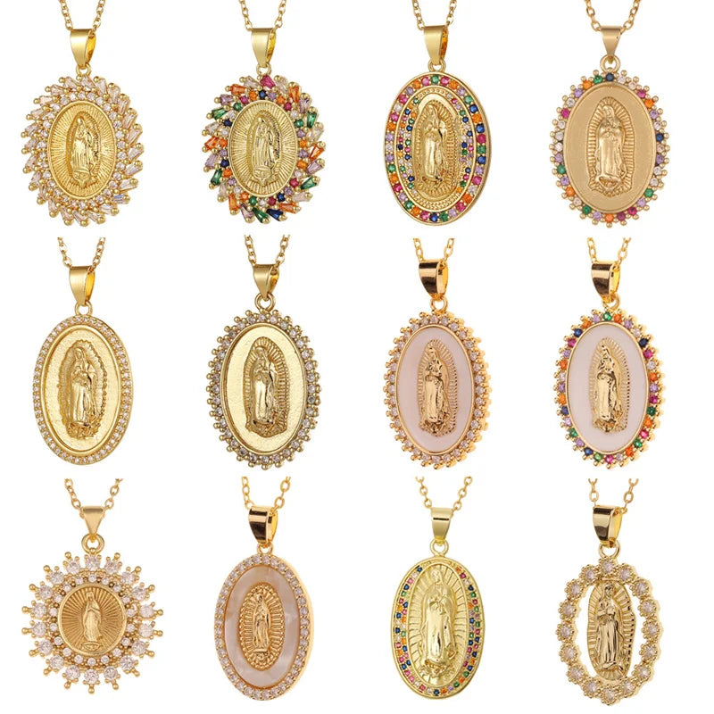 18K Gold Plated Cubic Zirconia Virgin Mary Coin Pendant Necklace - ATSProducts
