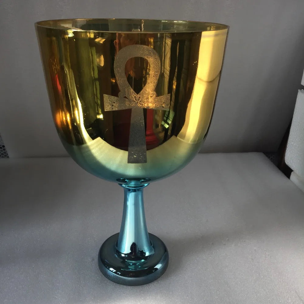 3rd Octave G note Throat chakra or A note Third eye chakra blue+golden Crystal Singing grail "Hanck croce" engraved ANKH - ATSProducts