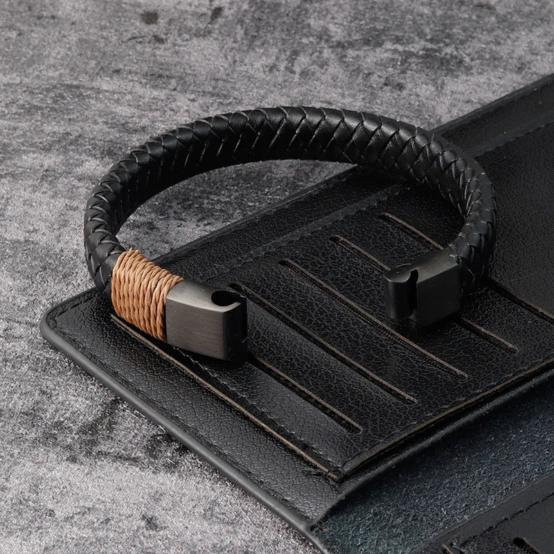 Black Leather Bangle Steel Magnetic Bracelet - ATSProducts