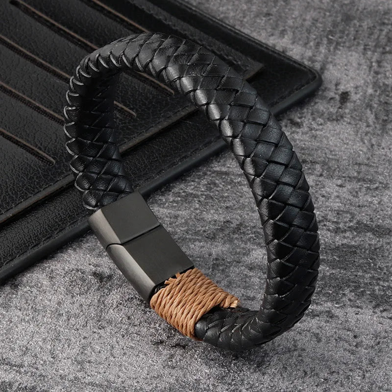 Black Leather Bangle Steel Magnetic Bracelet - ATSProducts