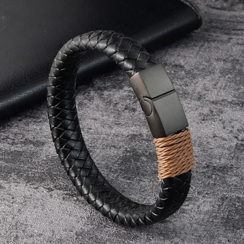 Black Leather Bangle Steel Magnetic Bracelet - ATSProducts