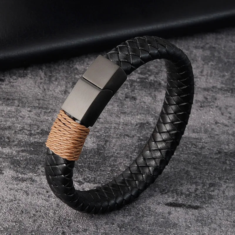 Black Leather Bangle Steel Magnetic Bracelet - ATSProducts